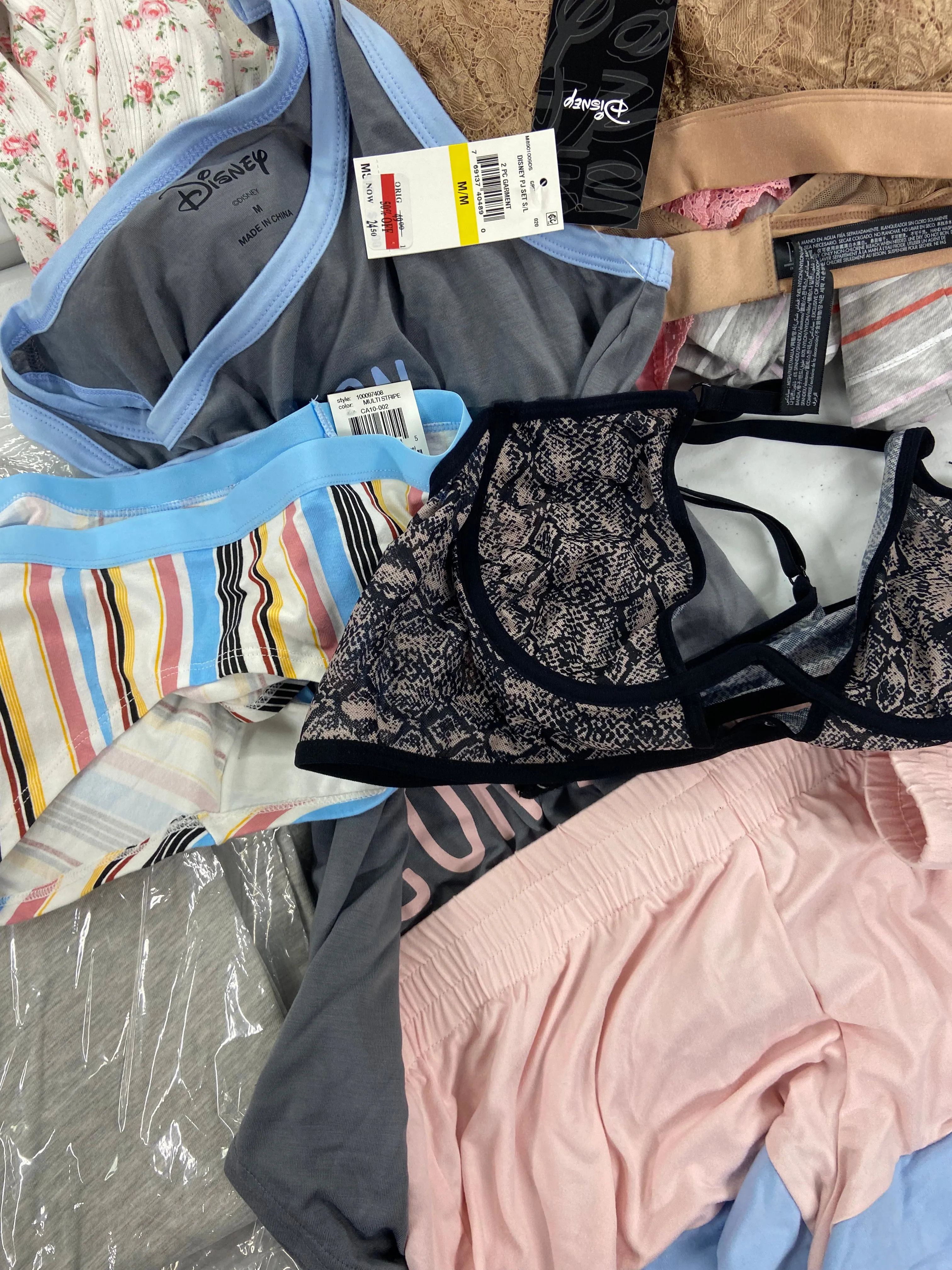 Women's Intimates Wholesale Lot, DISNEY, FLORA, GOLYTA, CHARTER CLUB, ALFANI and more, 16 items, Shelf Pulls, MSRP $616