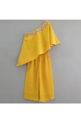 Yellow Flower Embroidered One Shoulder Cape With Palazzo Set